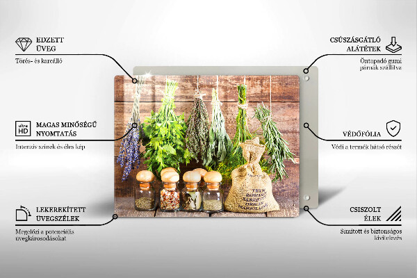 Tábua de vidro Ervas especiarias e madeira