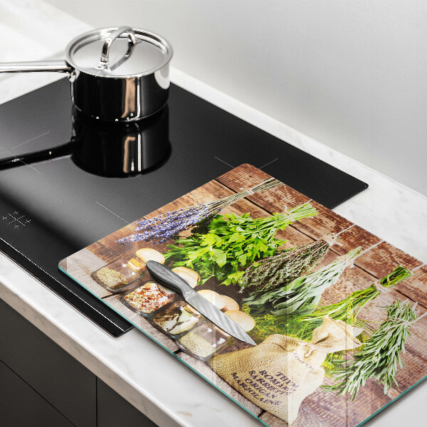 Tábua de vidro Ervas especiarias e madeira