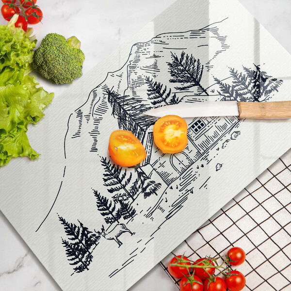 Tábua cozinha Desenho de uma casa de campo nas montanhas