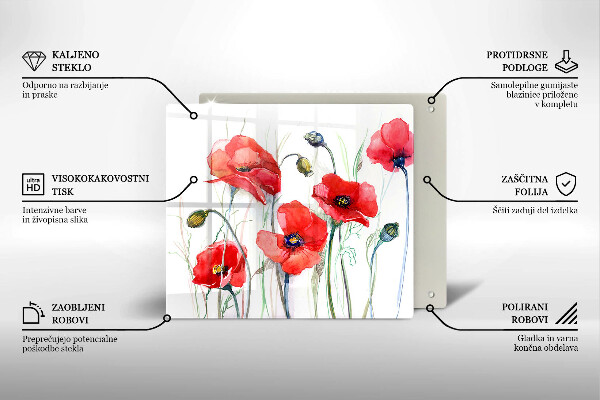 Tábua de vidro flores de papoulas vermelhas