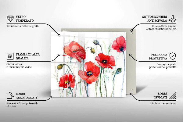 Tábua de vidro flores de papoulas vermelhas