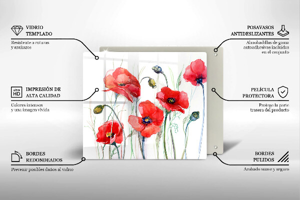 Tábua de vidro flores de papoulas vermelhas