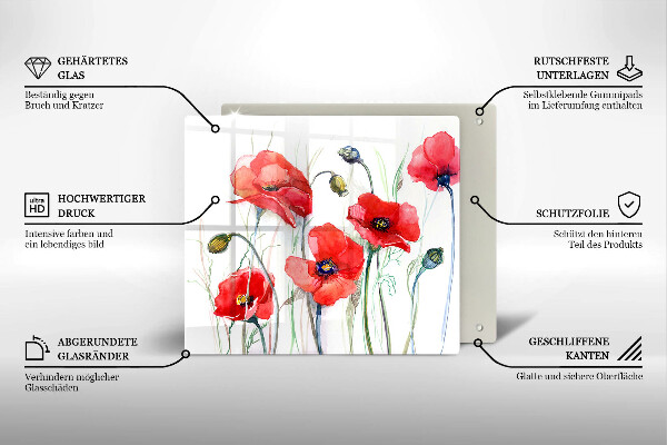 Tábua de vidro flores de papoulas vermelhas