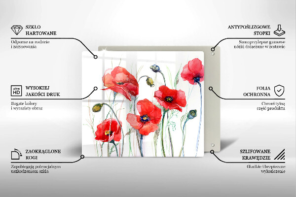 Tábua de vidro flores de papoulas vermelhas