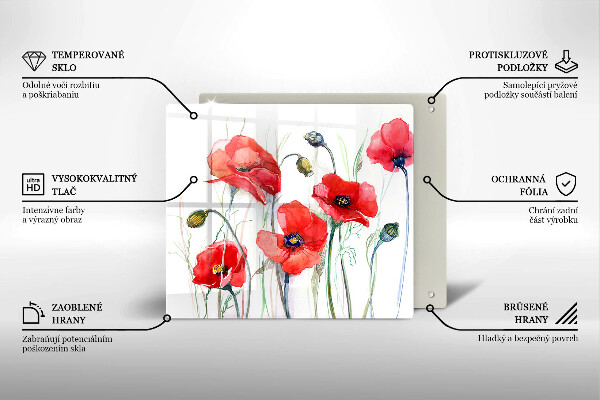 Tábua de vidro flores de papoulas vermelhas