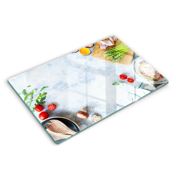 Tábua de cortar de vidro Ingredientes na cozinha