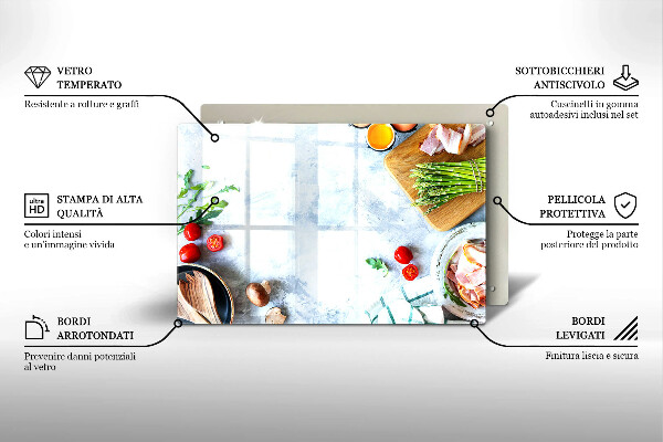 Tábua de cortar de vidro Ingredientes na cozinha