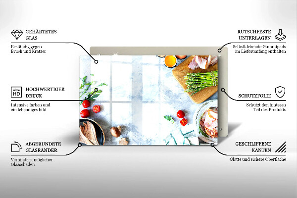 Tábua de cortar de vidro Ingredientes na cozinha