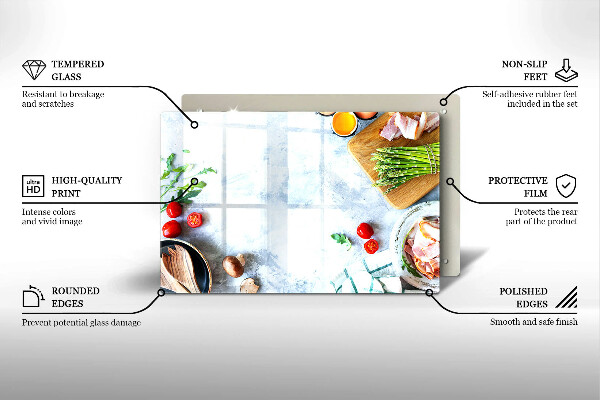 Tábua de cortar de vidro Ingredientes na cozinha