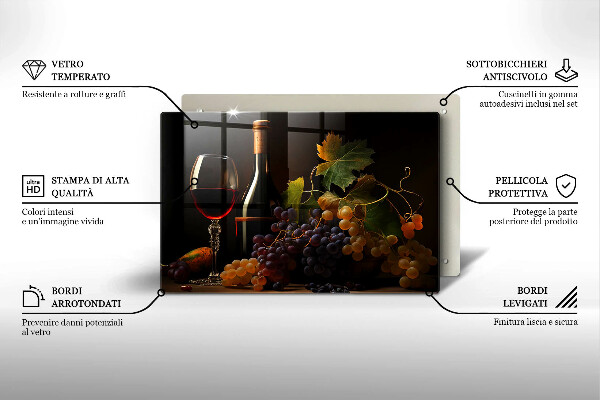 Tábua de cortar de vidro Um copo de vinho e uvas