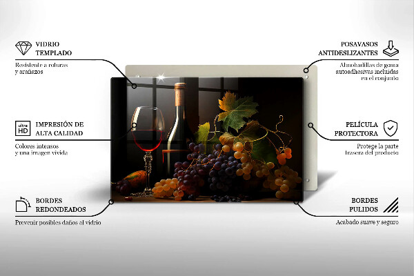 Tábua de cortar de vidro Um copo de vinho e uvas