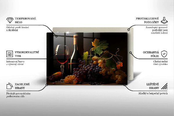 Tábua de cortar de vidro Um copo de vinho e uvas