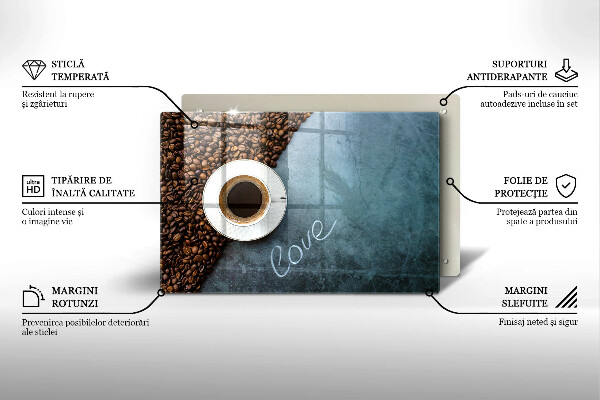 Tábua de corte de vidro Grãos de café e uma xícara