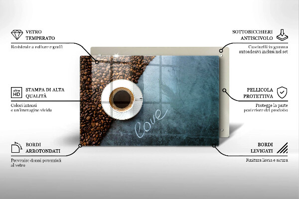 Tábua de corte de vidro Grãos de café e uma xícara