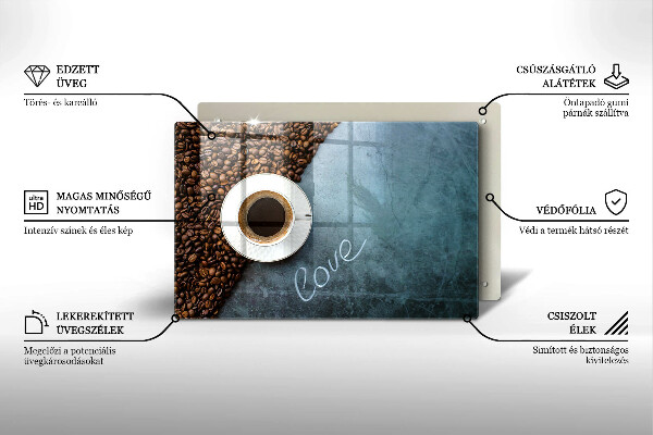 Tábua de corte de vidro Grãos de café e uma xícara