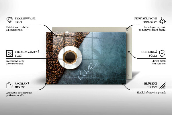 Tábua de corte de vidro Grãos de café e uma xícara