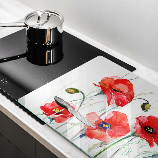 Tábua para corte flores de papoulas vermelhas