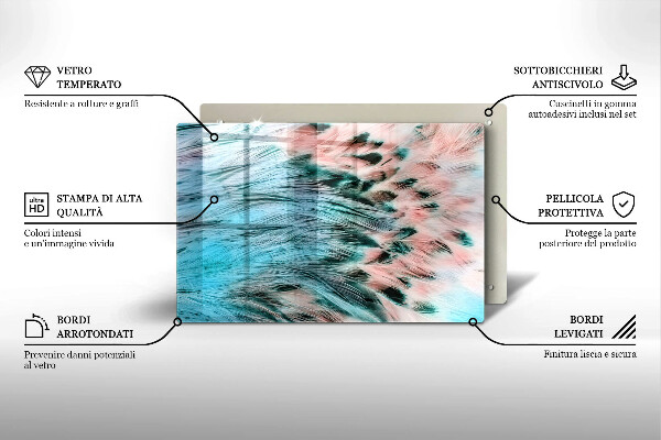 Tábua de cortar de vidro penas de pássaros boho