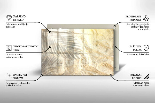Tábua para corte Folhas de palmeira e areia