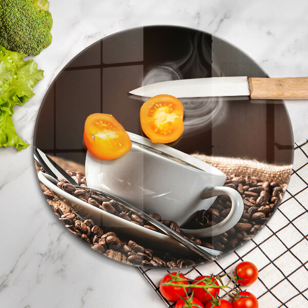 Tábua de corte de vidro Café e uma xícara