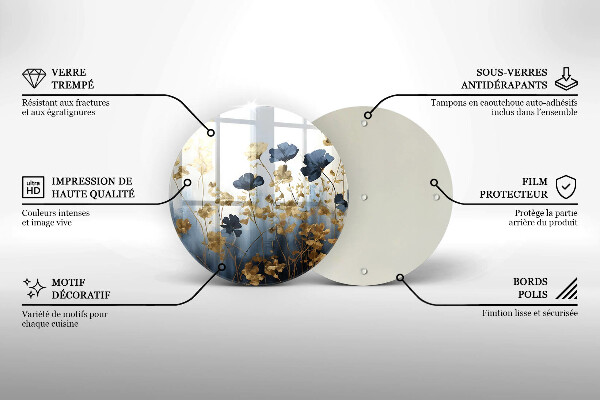 Tábua de cortar de vidro Flores azuis e douradas