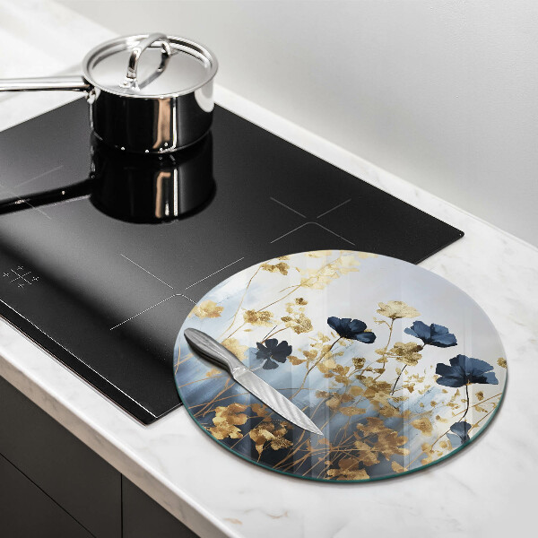 Tábua de cortar de vidro Flores azuis e douradas