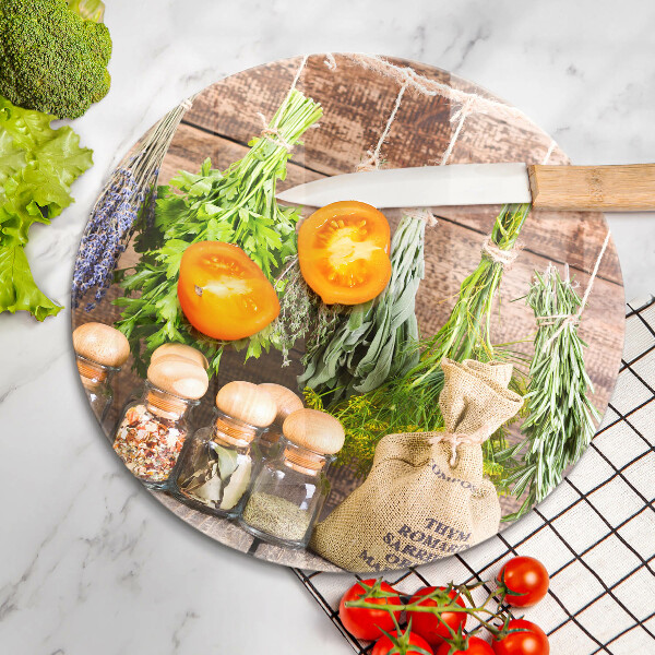 Tábua de cortar de vidro Ervas, especiarias e madeira