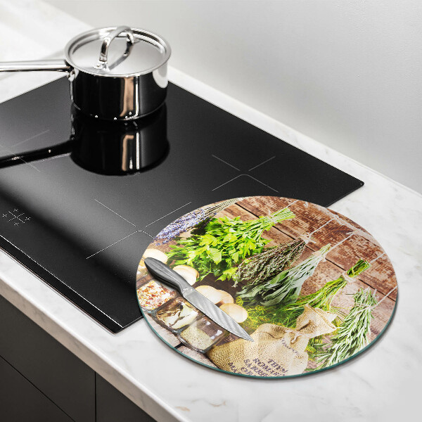 Tábua de cortar de vidro Ervas, especiarias e madeira