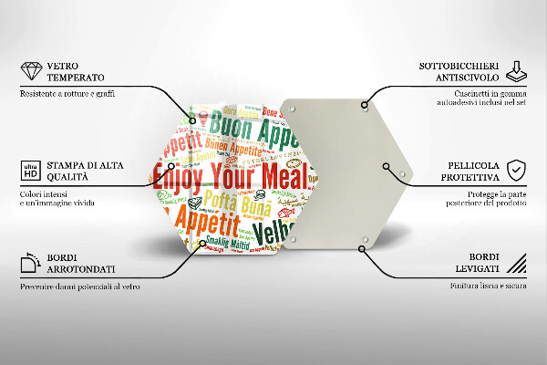 Tábua de corte de vidro Bon appetit legendas idiomas
