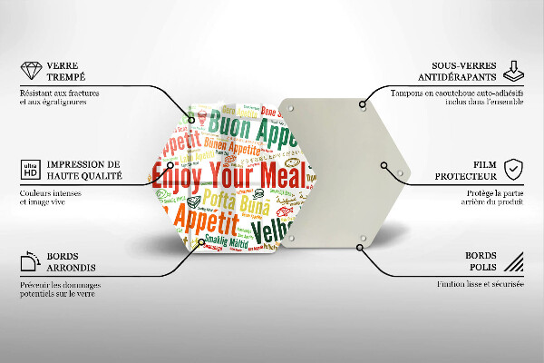 Tábua de corte de vidro Bon appetit legendas idiomas