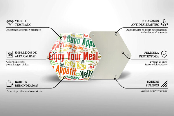 Tábua de corte de vidro Bon appetit legendas idiomas