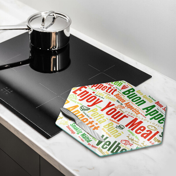 Tábua de corte de vidro Bon appetit legendas idiomas