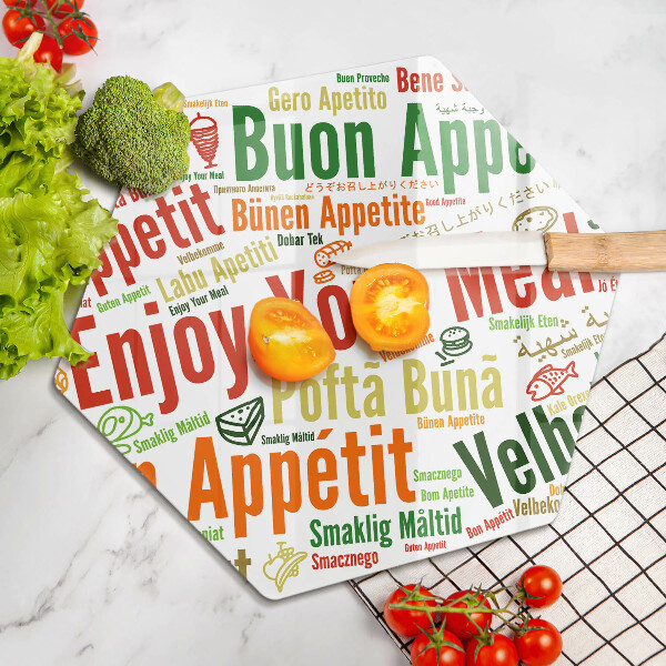Tábua de corte de vidro Bon appetit legendas idiomas