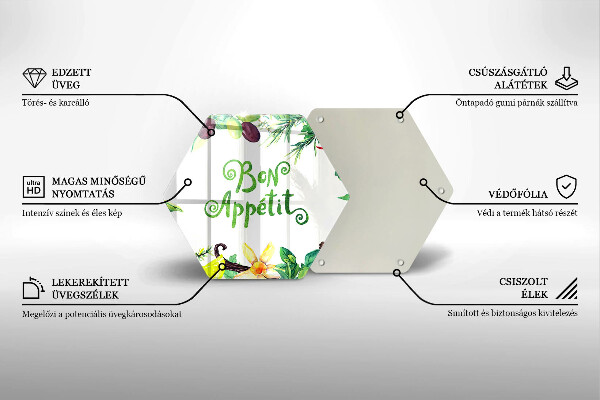 Tábua de vidro A inscrição Bon Appetit