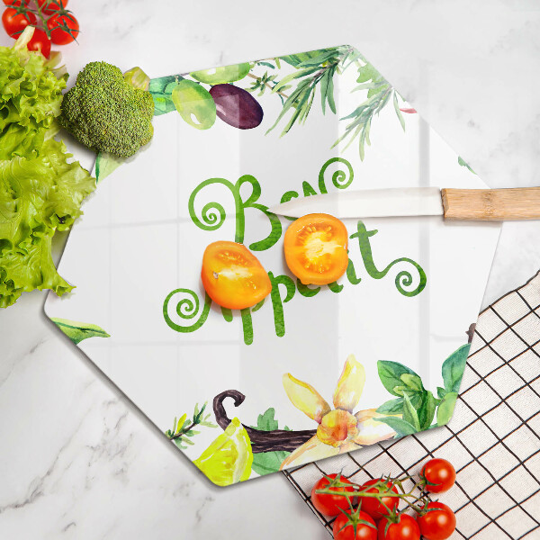 Tábua de vidro A inscrição Bon Appetit