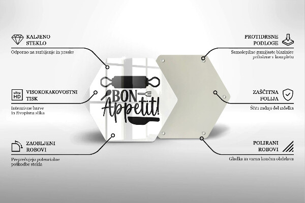 Tábua de vidro A inscrição Bon Appetit