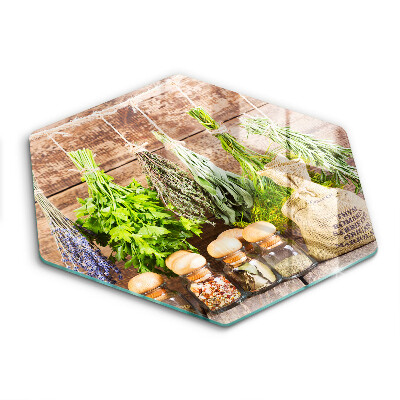 Tábua de corte de vidro Ervas, especiarias e madeira