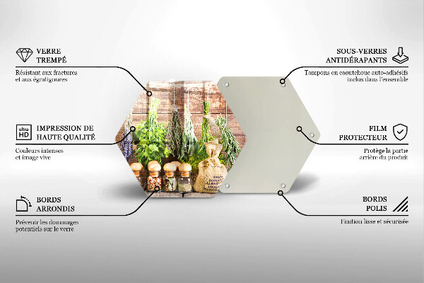 Tábua de corte de vidro Ervas, especiarias e madeira