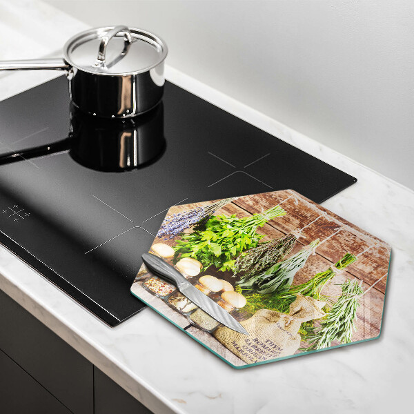 Tábua de corte de vidro Ervas, especiarias e madeira