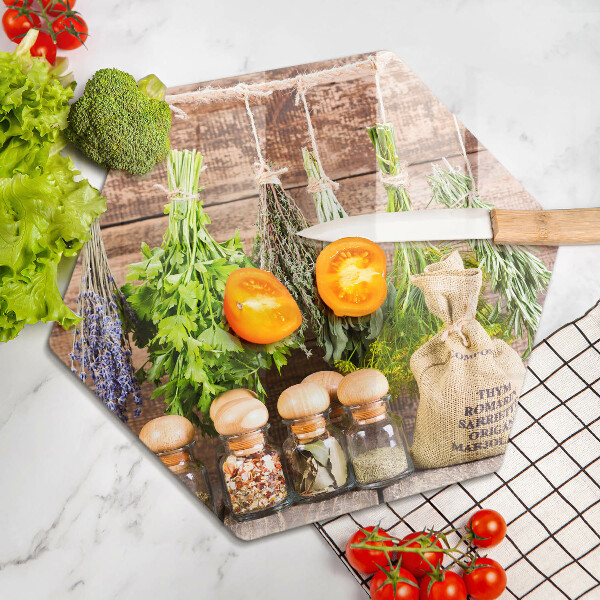 Tábua de corte de vidro Ervas, especiarias e madeira