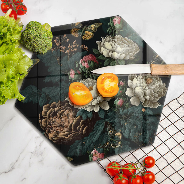 Tábua de corte de vidro Flores de peônia vintage