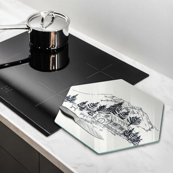 Tábua cozinha Desenho de uma casa de campo nas montanhas