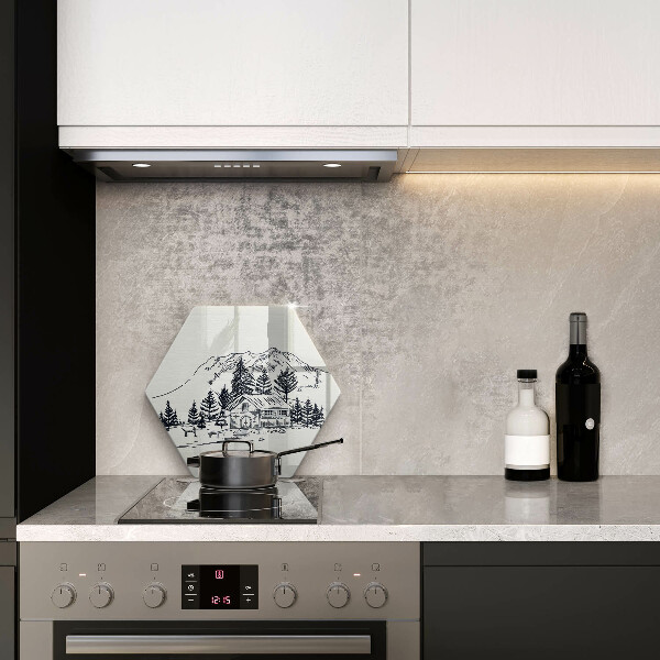 Tábua cozinha Desenho de uma casa de campo nas montanhas