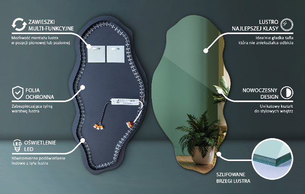 Espelho orgânico led decorativo 45x90 cm