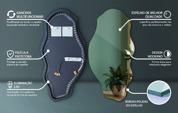 Espelho orgânico com led elegante 50x100 cm