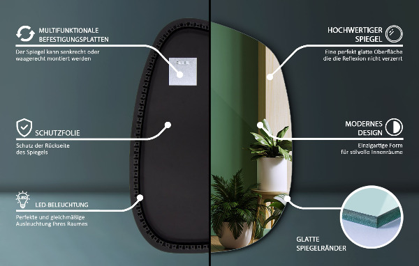 Espelho irregular com LED em forma de mancha 55x38 cm