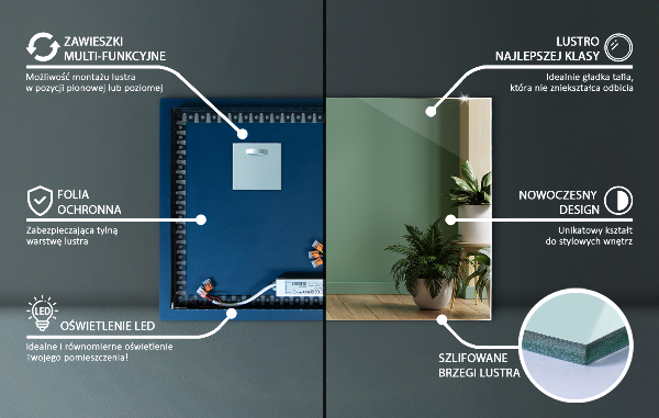 Espelho quadrado LED 60x40 cm