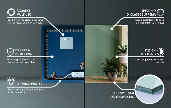 Espelho retangular LED 70x50 cm