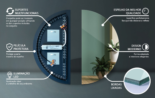 Espelho semicircular com iluminação led 30x60 cm