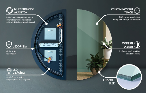 Espelho semicircular led 40x80 cm